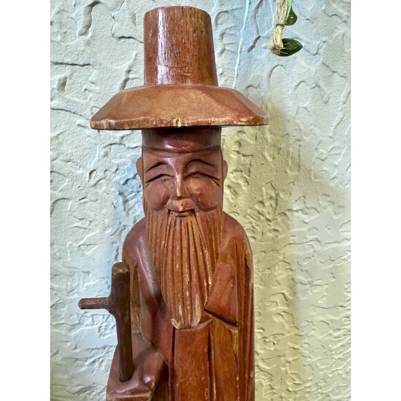 Asian Hand Crafted Vintage Wood Man with Walking Stick Figure Sculpture Folk Art - Picture 5 of 7